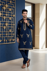 Men Navy Blue Eagle Embroidered Kurta - Shrivarya - Mens Ethnic Wear