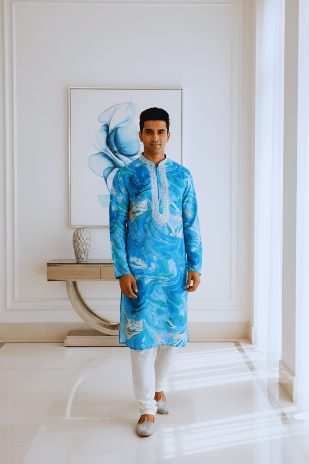 Men Ocean Blue Marble Print Silk Kurta - Shrivarya - Mens Ethnic Wear