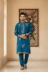 Men Teal Blue Eagle Embroidered Kurta - Shrivarya - Mens Ethnic Wear