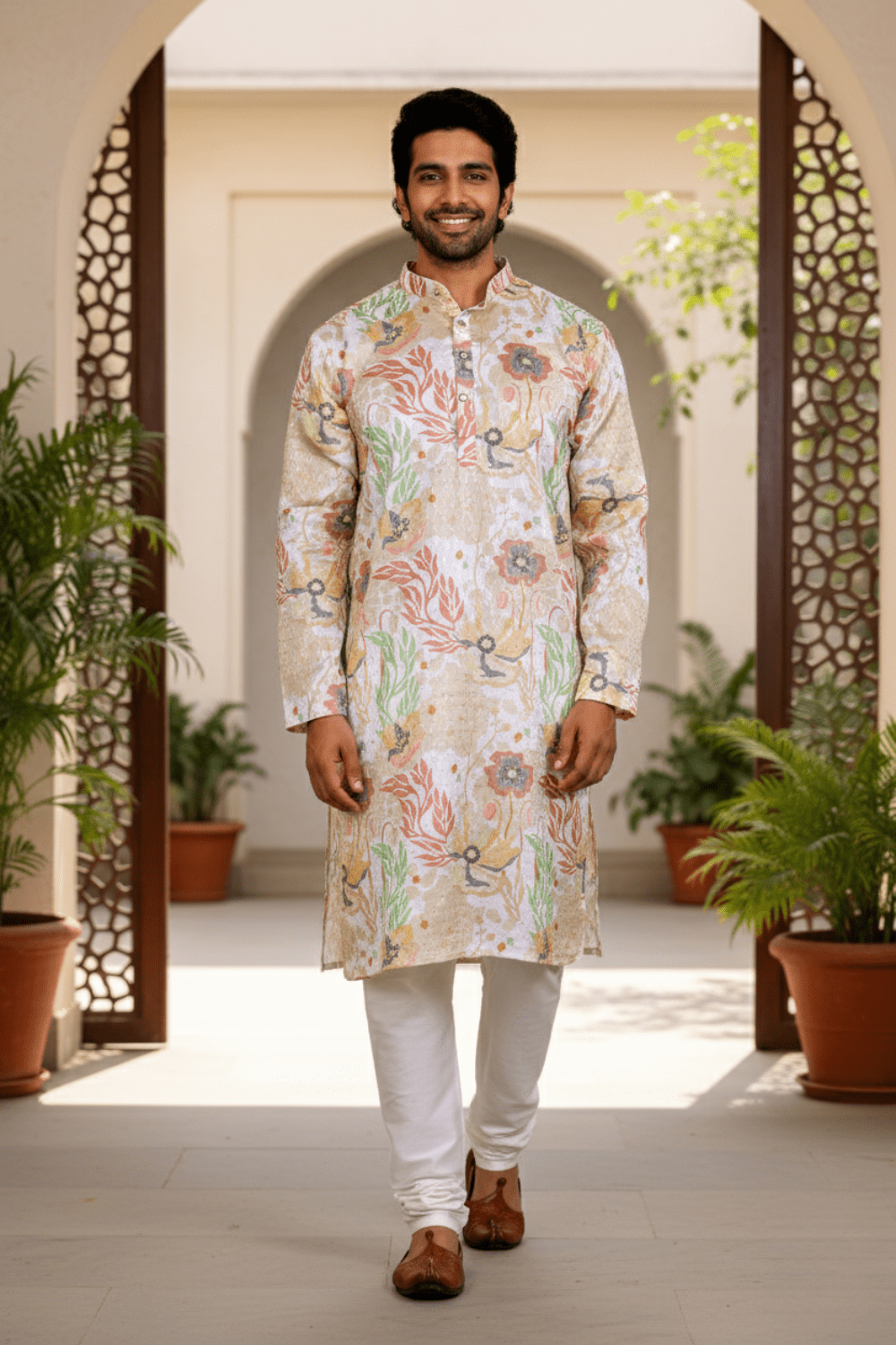 Men Cream Floral Fiesta Sequin Kurta - Shrivarya - Mens Ethnic Wear