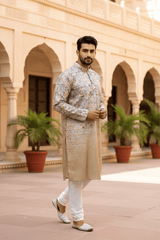 Men Beige Ombre Geometric Sequin Kurta - Shrivarya - Mens Ethnic Wear