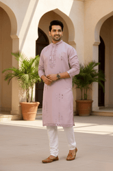 Dusty Rose Mirror Work Kurta for Men - Shrivarya - Mens Ethnic Wear