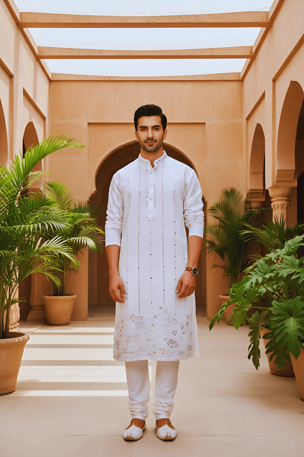 Men Ivory Pinstripe Mirror Work Kurta - Shrivarya - Mens Ethnic Wear
