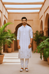 Men Ivory Pinstripe Mirror Work Kurta - Shrivarya - Mens Ethnic Wear