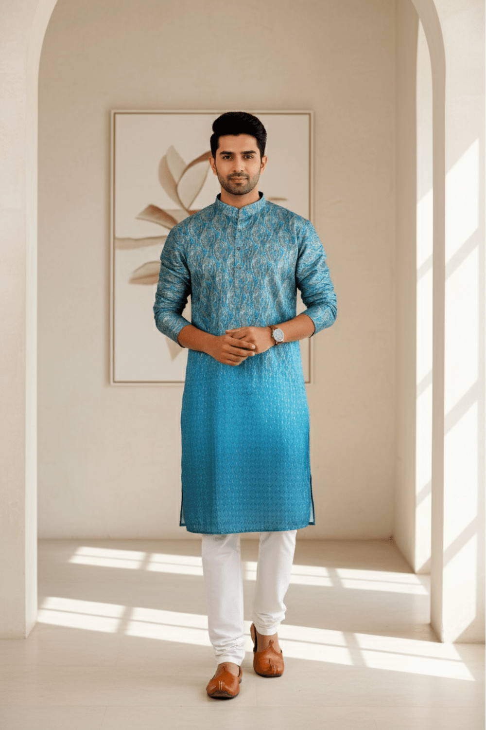 Men Teal Ombre Paisley Jacquard Kurta - Shrivarya - Mens Ethnic Wear
