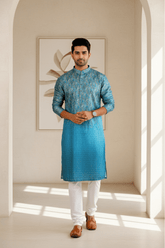 Men Teal Ombre Paisley Jacquard Kurta - Shrivarya - Mens Ethnic Wear