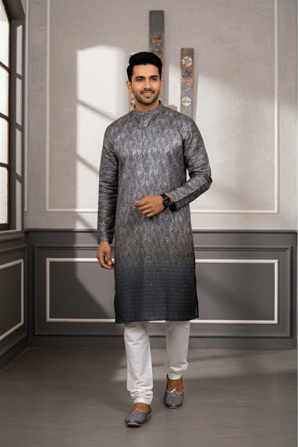 Men Charcoal Grey Paisley Jacquard Kurta - Shrivarya - Mens Ethnic Wear