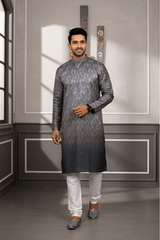 Men Charcoal Grey Paisley Jacquard Kurta - Shrivarya - Mens Ethnic Wear