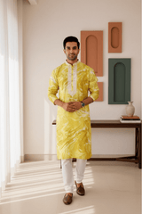 Men Mustard Yellow Marble Print Silk Kurta - Shrivarya - Mens Ethnic Wear