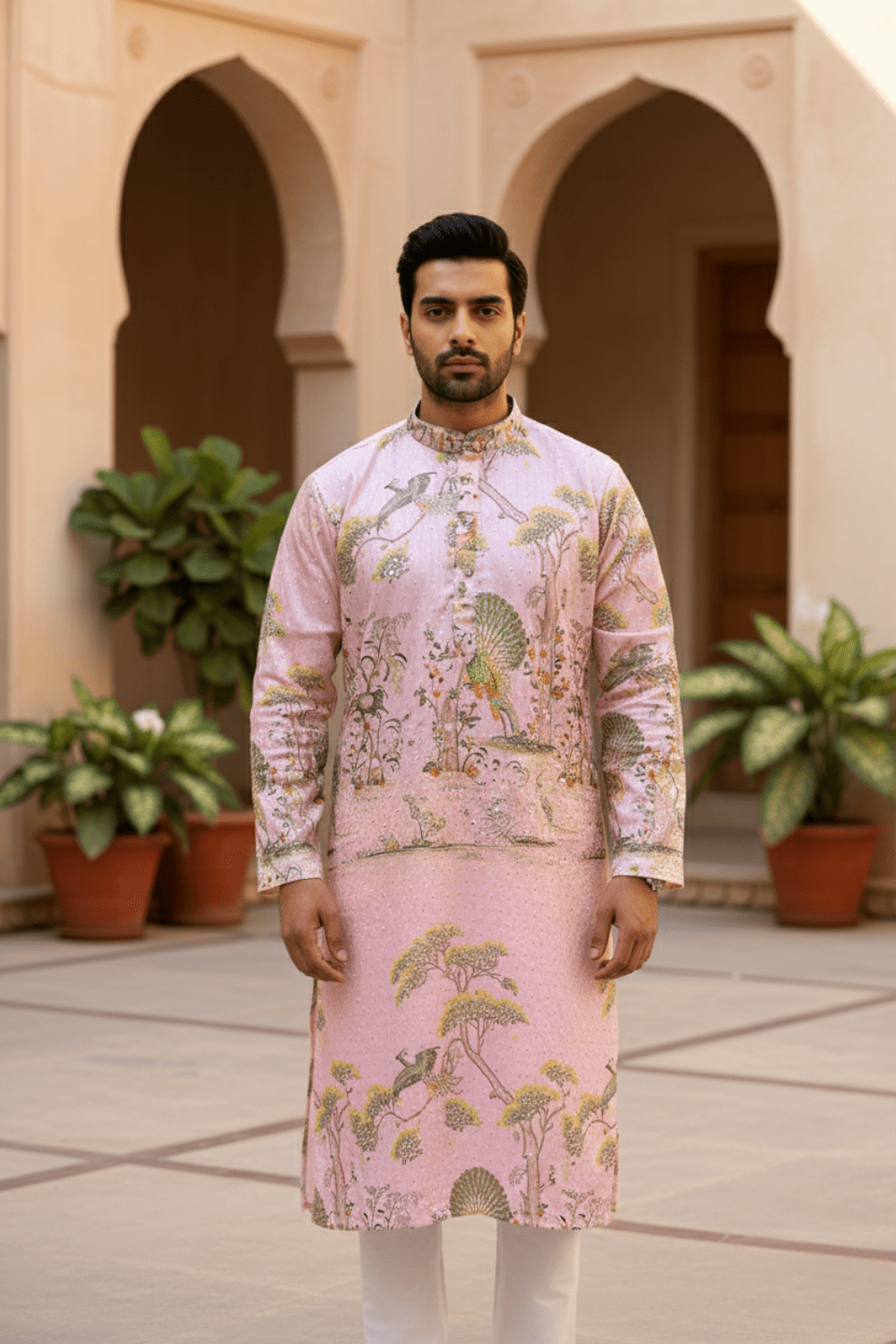 Men Blush Pink Mughal Garden Kurta - Shrivarya - Mens Ethnic Wear
