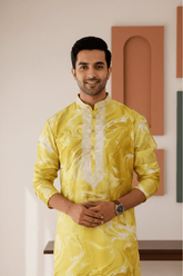 Men Mustard Yellow Marble Print Silk Kurta - Shrivarya - Mens Ethnic Wear