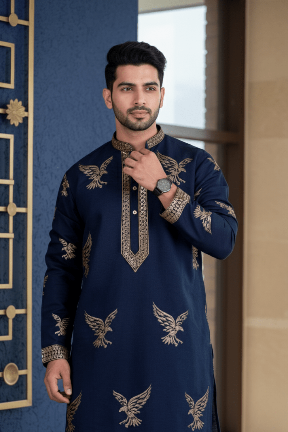 Men Navy Blue Eagle Embroidered Kurta - Shrivarya - Mens Ethnic Wear