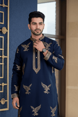 Men Navy Blue Eagle Embroidered Kurta - Shrivarya - Mens Ethnic Wear