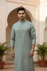 Men Sage Green Mirror Work Kurta - Shrivarya - Mens Ethnic Wear