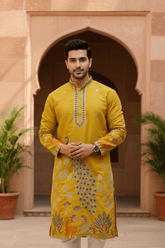 Men Mustard Tree of Life Embroidered Kurta - Shrivarya - Mens Ethnic Wear