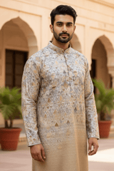 Men Beige Ombre Geometric Sequin Kurta - Shrivarya - Mens Ethnic Wear