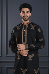 Men Classic Black Eagle Embroidered Kurta - Shrivarya - Mens Ethnic Wear