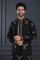 Men Classic Black Eagle Embroidered Kurta - Shrivarya - Mens Ethnic Wear