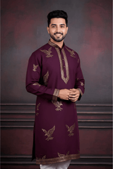 Men Wine Eagle Embroidered Kurta - Shrivarya - Mens Ethnic Wear