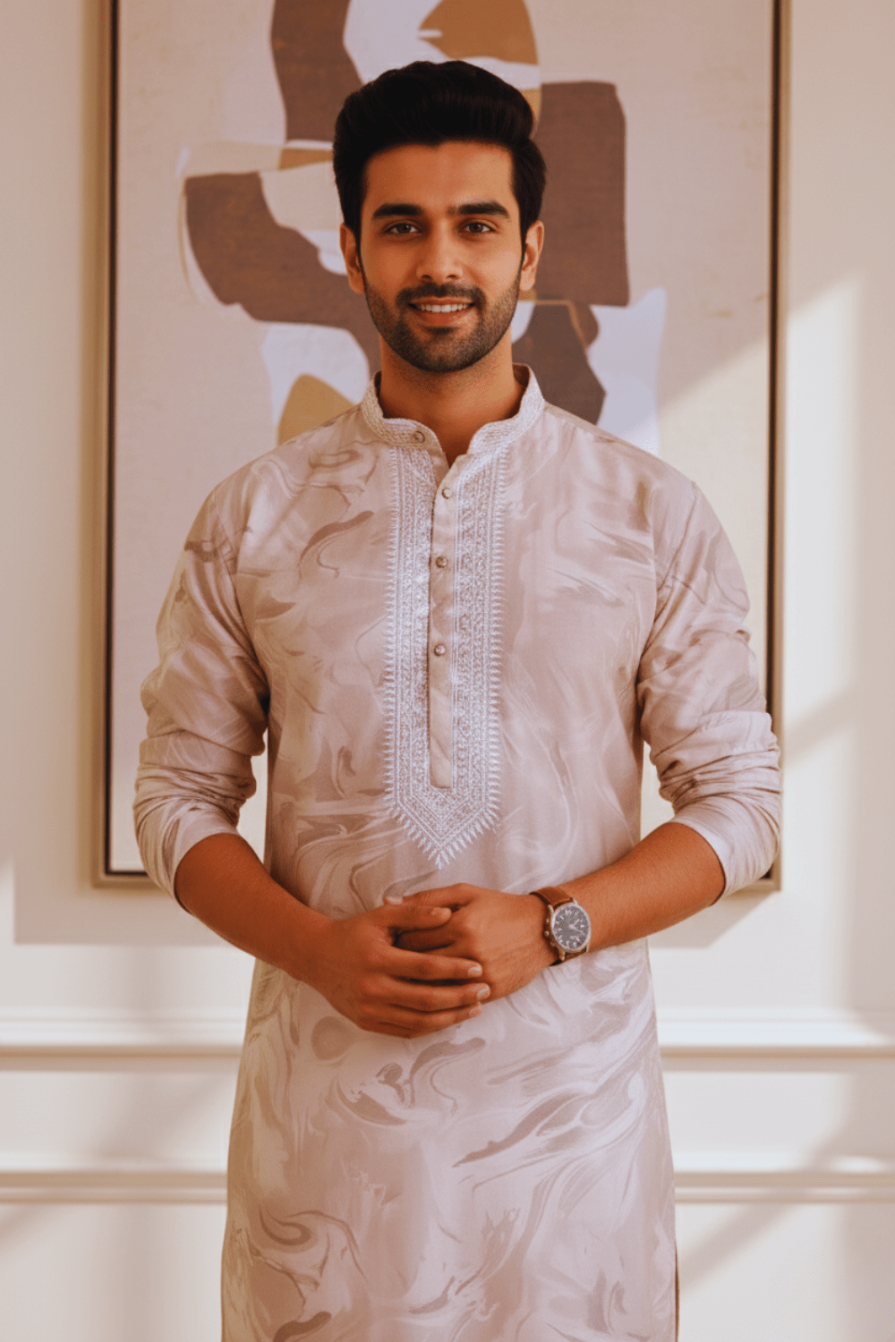 Sandstone Marble Print Silk Kurta for Men - Shrivarya - Mens Ethnic Wear