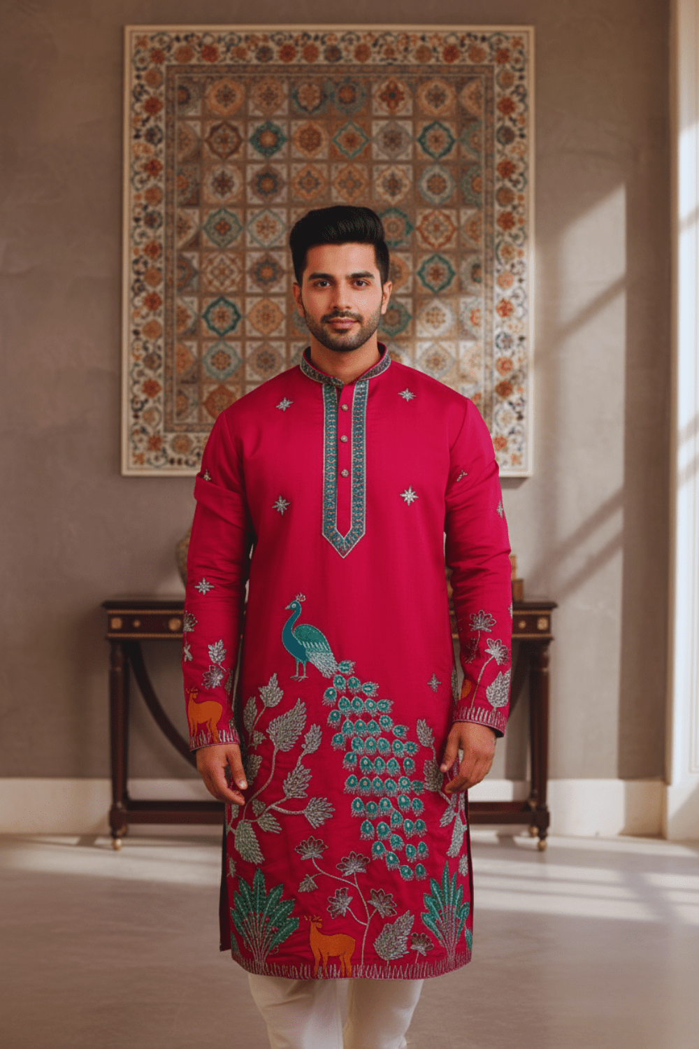 Men Rani Pink Peacock Embroidered Kurta - Shrivarya - Mens Ethnic Wear