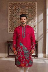 Men Rani Pink Peacock Embroidered Kurta - Shrivarya - Mens Ethnic Wear