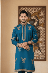 Men Teal Blue Eagle Embroidered Kurta - Shrivarya - Mens Ethnic Wear
