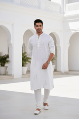 Men Classic White Mirror Work Kurta - Shrivarya - Mens Ethnic Wear