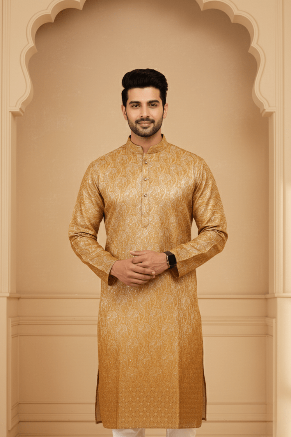 Men Tangerine Paisley Jacquard Kurta - Shrivarya - Mens Ethnic Wear
