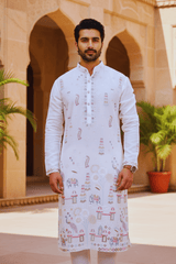 Men Ivory Baraat Procession Embroidered Kurta - Shrivarya - Mens Ethnic Wear
