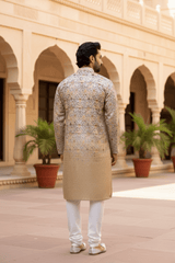 Men Beige Ombre Geometric Sequin Kurta - Shrivarya - Mens Ethnic Wear