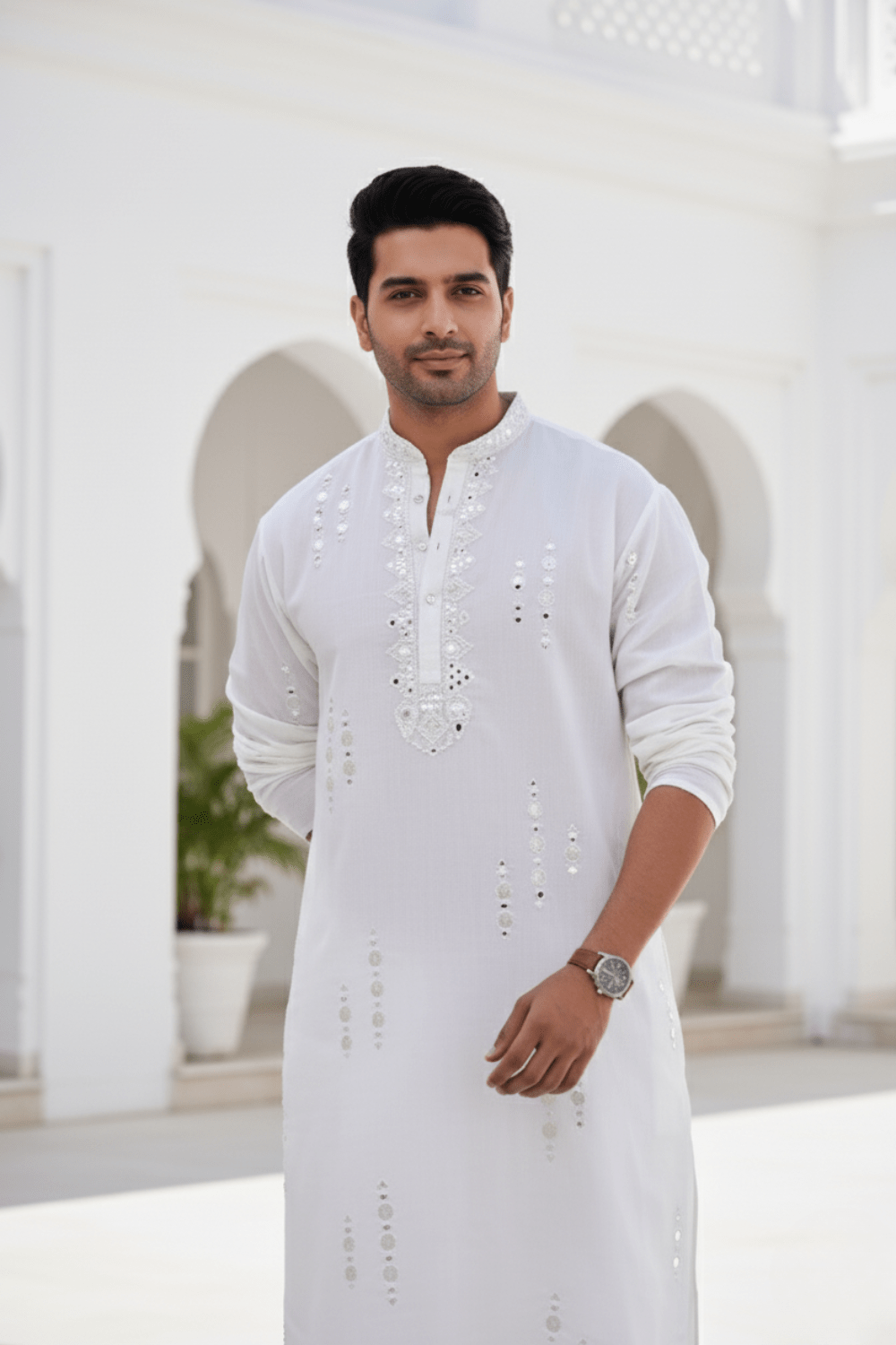 Men Classic White Mirror Work Kurta - Shrivarya - Mens Ethnic Wear