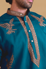 Men Teal Blue Eagle Embroidered Kurta - Shrivarya - Mens Ethnic Wear