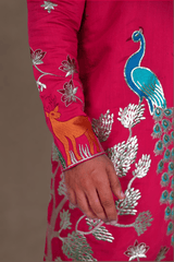 Men Rani Pink Peacock Embroidered Kurta - Shrivarya - Mens Ethnic Wear