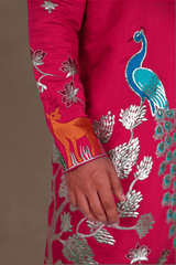 Men Rani Pink Peacock Embroidered Kurta - Shrivarya - Mens Ethnic Wear
