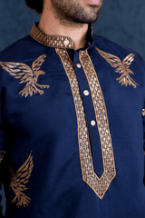 Men Navy Blue Eagle Embroidered Kurta - Shrivarya - Mens Ethnic Wear