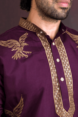 Men Wine Eagle Embroidered Kurta - Shrivarya - Mens Ethnic Wear