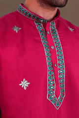 Men Rani Pink Peacock Embroidered Kurta - Shrivarya - Mens Ethnic Wear