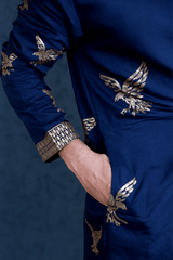 Men Navy Blue Eagle Embroidered Kurta - Shrivarya - Mens Ethnic Wear