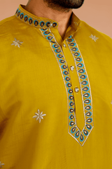 Men Mustard Tree of Life Embroidered Kurta - Shrivarya - Mens Ethnic Wear