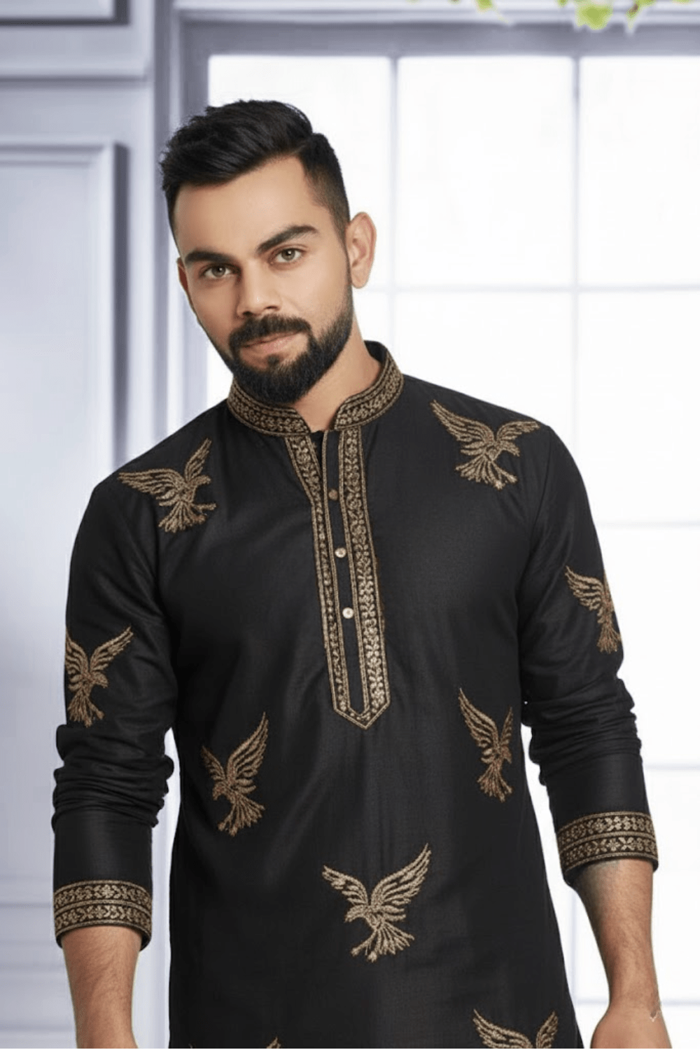 Men Classic Black Eagle Embroidered Kurta - Shrivarya