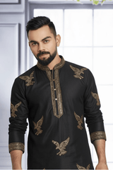 Men Classic Black Eagle Embroidered Kurta - Shrivarya