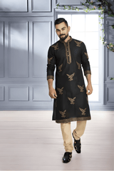 Men Classic Black Eagle Embroidered Kurta - Shrivarya