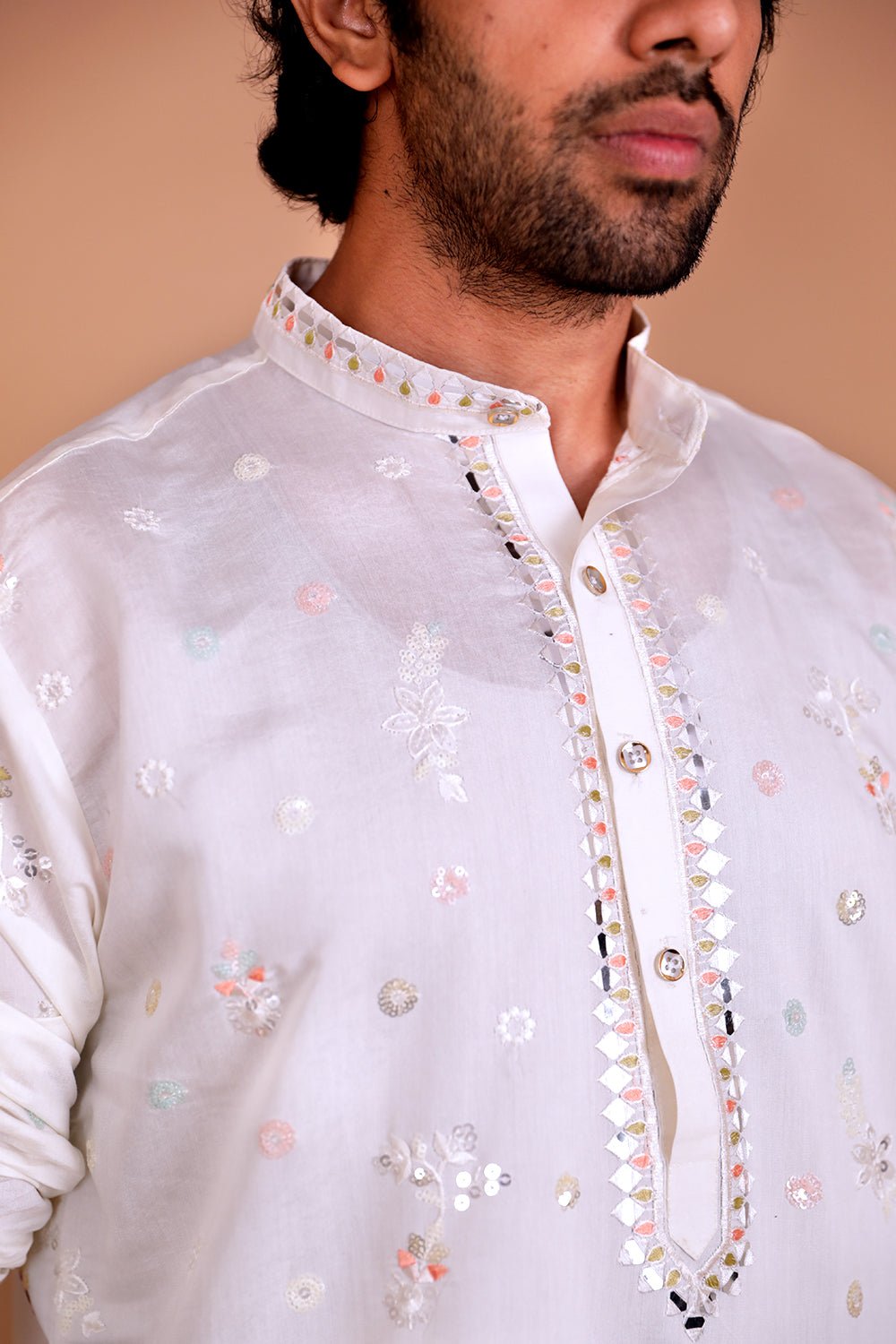Men Ivory Doli Motif Embroidered Kurta - Shrivarya - Mens Ethnic Wear