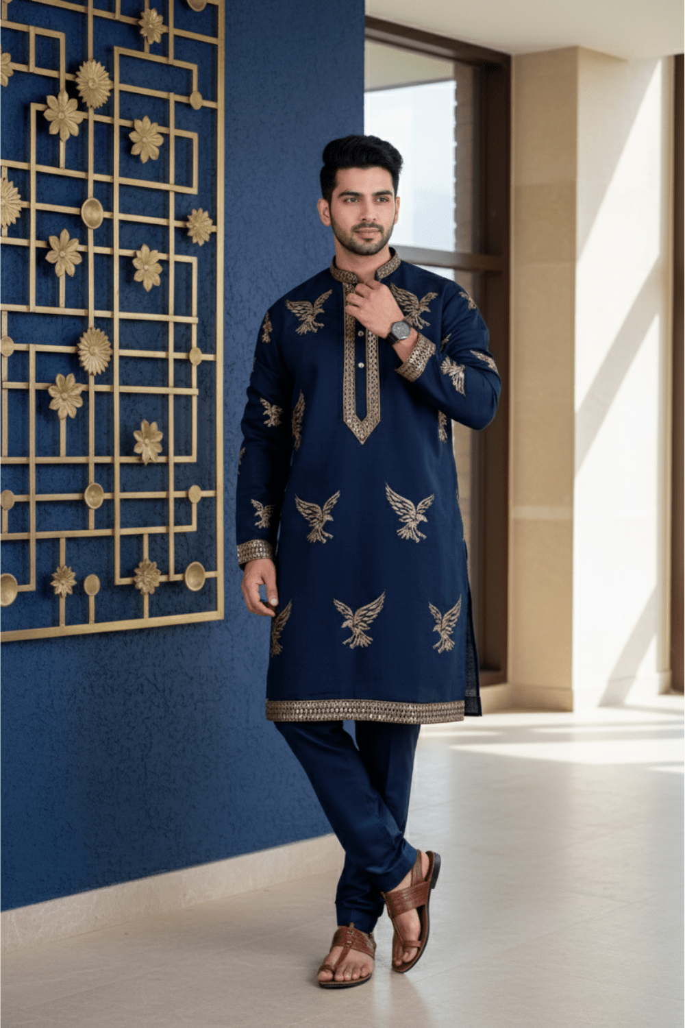 Men Navy Blue Eagle Embroidered Kurta - Shrivarya - Mens Ethnic Wear