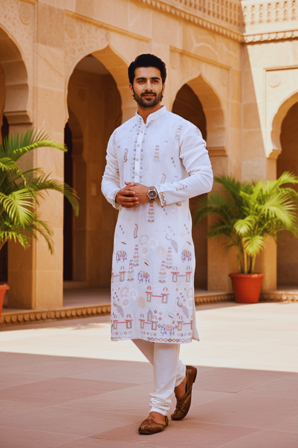 Men Ivory Baraat Procession Embroidered Kurta - Shrivarya - Mens Ethnic Wear