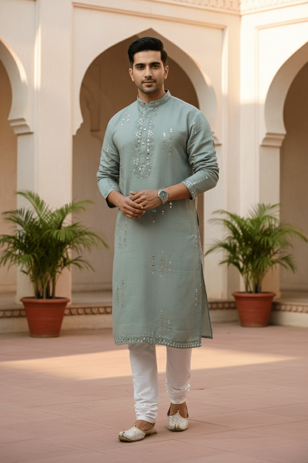 Men Sage Green Mirror Work Kurta - Shrivarya - Mens Ethnic Wear