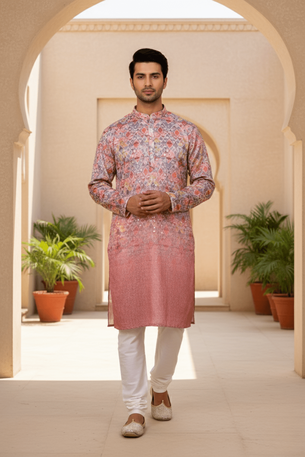 Mauve Ombre Geometric Sequin Men Kurta - Shrivarya - Mens Ethnic Wear