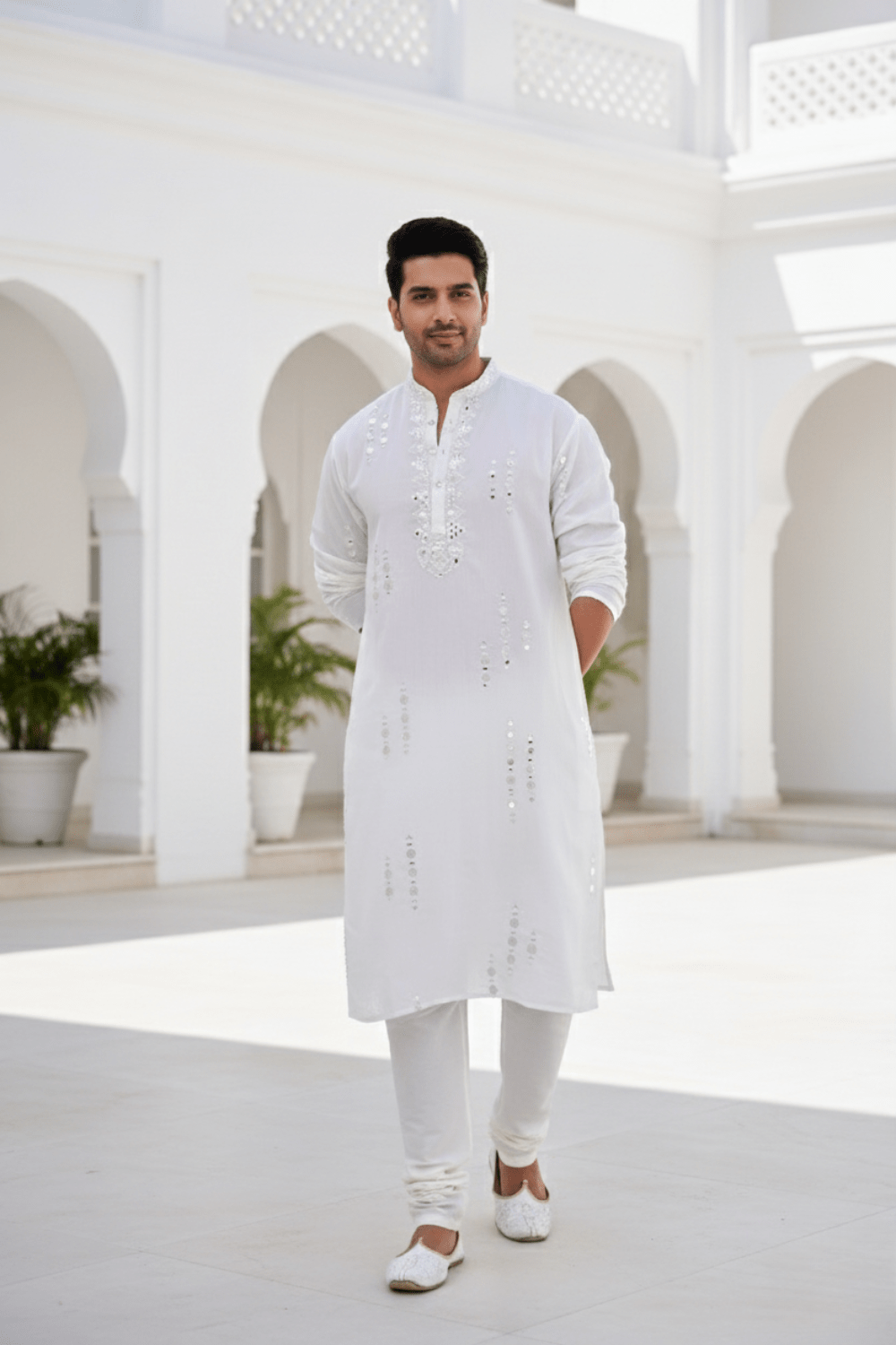 Men Classic White Mirror Work Kurta - Shrivarya - Mens Ethnic Wear