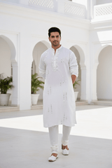 Men Classic White Mirror Work Kurta - Shrivarya - Mens Ethnic Wear